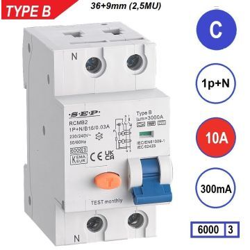 SEP RCMB Differentieelautomaat Type B, 1p+n C10 300mA 6kA (45mm)