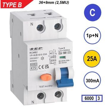 SEP RCMB Differentieelautomaat Type B, 1p+n C25 300mA 6kA (45mm)