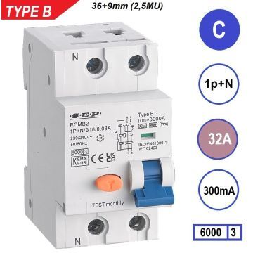 SEP RCMB Differentieelautomaat Type B, 1p+n C32 300mA 6kA (45mm)