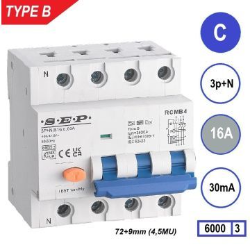 SEP RCMB Differentieelautomaat Type B, 3p+n C16 30mA 6kA (81mm)
