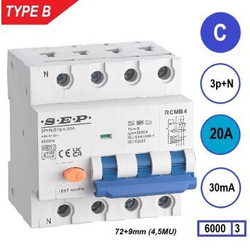 SEP RCMB Differentieelautomaat Type B, 3p+n C20 30mA 6kA (81mm)