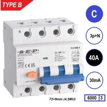 SEP RCMB Differentieelautomaat Type B, 3p+n C40 30mA 6kA (81mm)