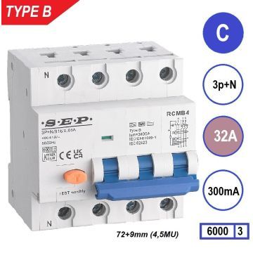 SEP RCMB Differentieelautomaat Type B, 3p+n C32 300mA 6kA (81mm)