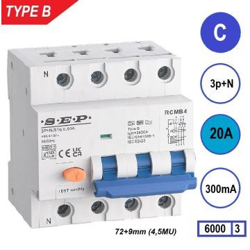 SEP RCMB Differentieelautomaat Type B, 3p+n C20 300mA 6kA (81mm)