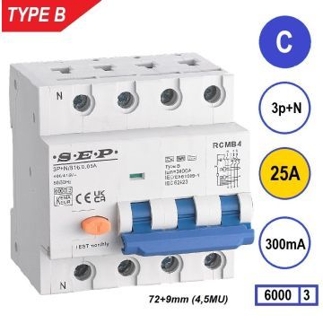 SEP RCMB Differentieelautomaat Type B, 3p+n C25 300mA 6kA (81mm)