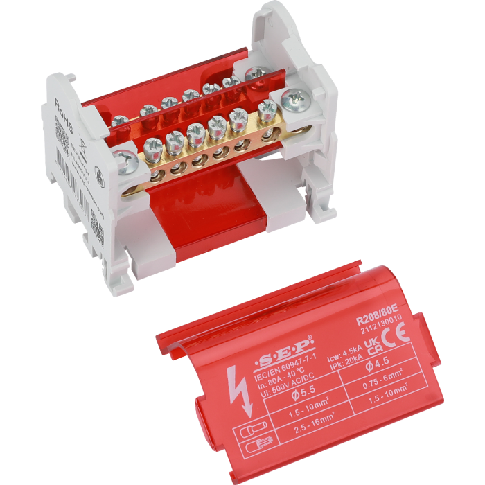 SEP R208/80E verdeelset 80A, 2p, 8x aansl, 500VAC/DC
