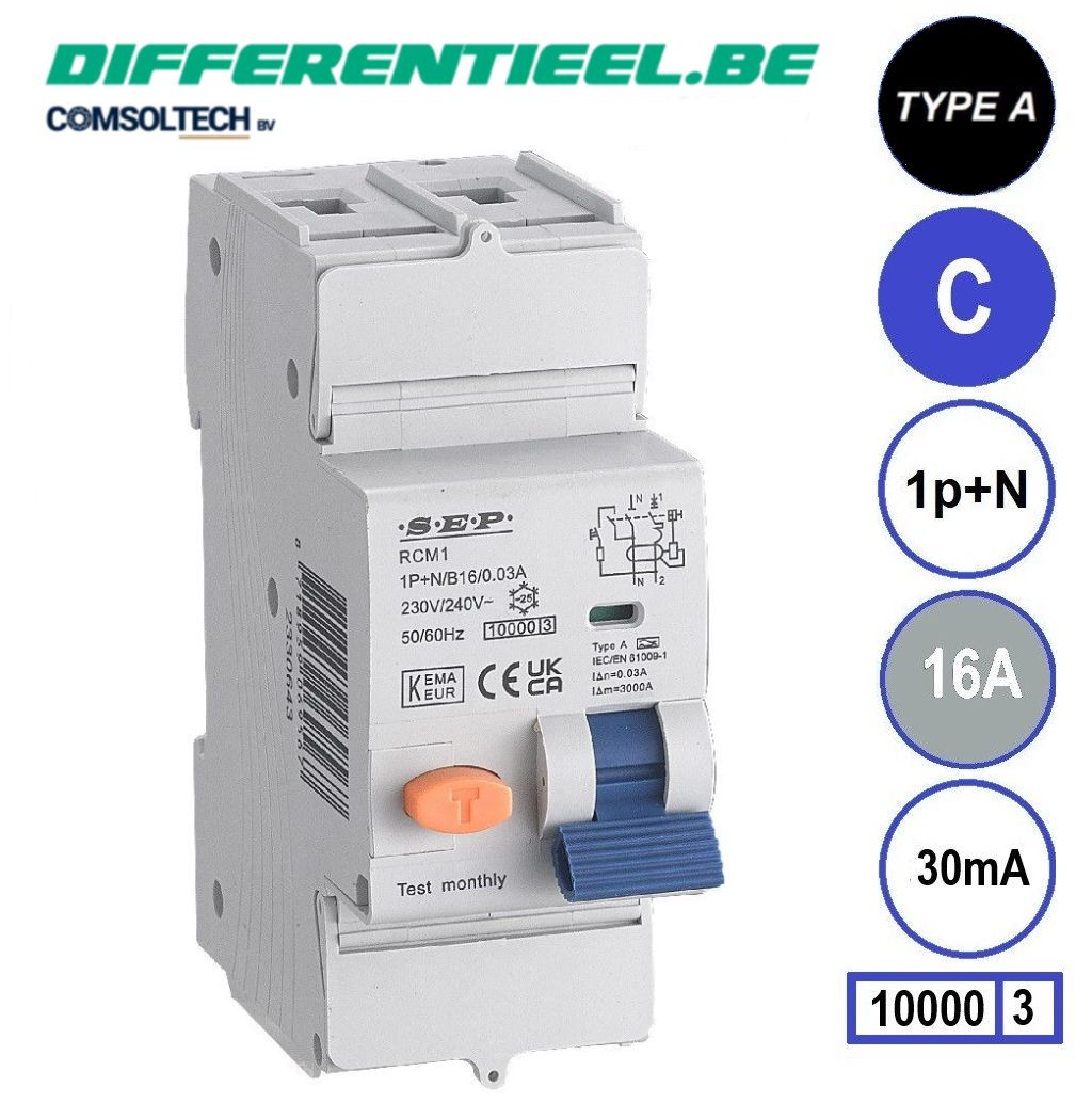 SEP RCM1 Differentieelautomaat 1p+n, C16, 30mA, 10kA, Type A