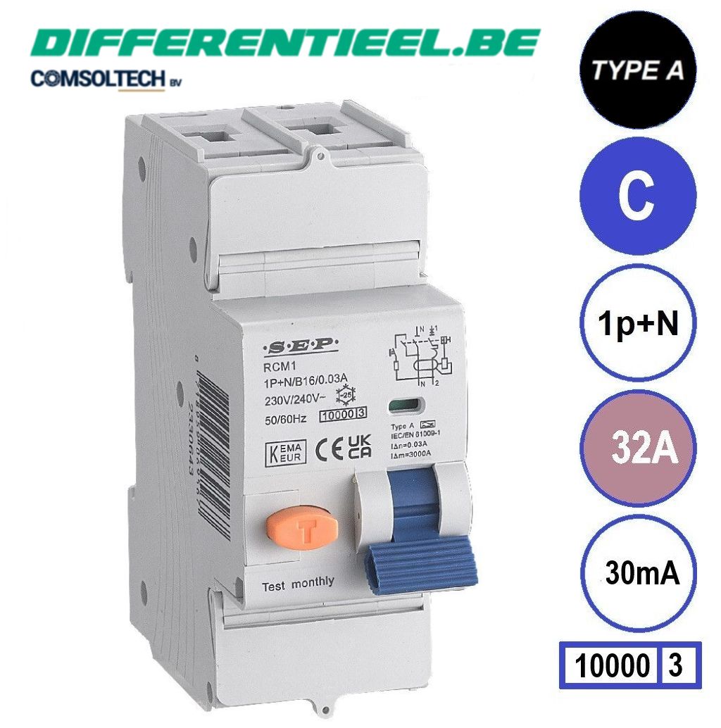 SEP RCM1 Differentieelautomaat 1p+n, C32, 30mA, 10kA, Type A
