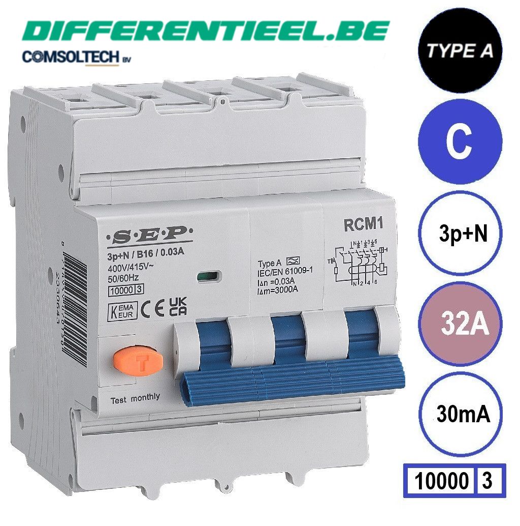 SEP RCM1 Differentieelautomaat 3p+n, C32, 30mA, 10kA, Type A