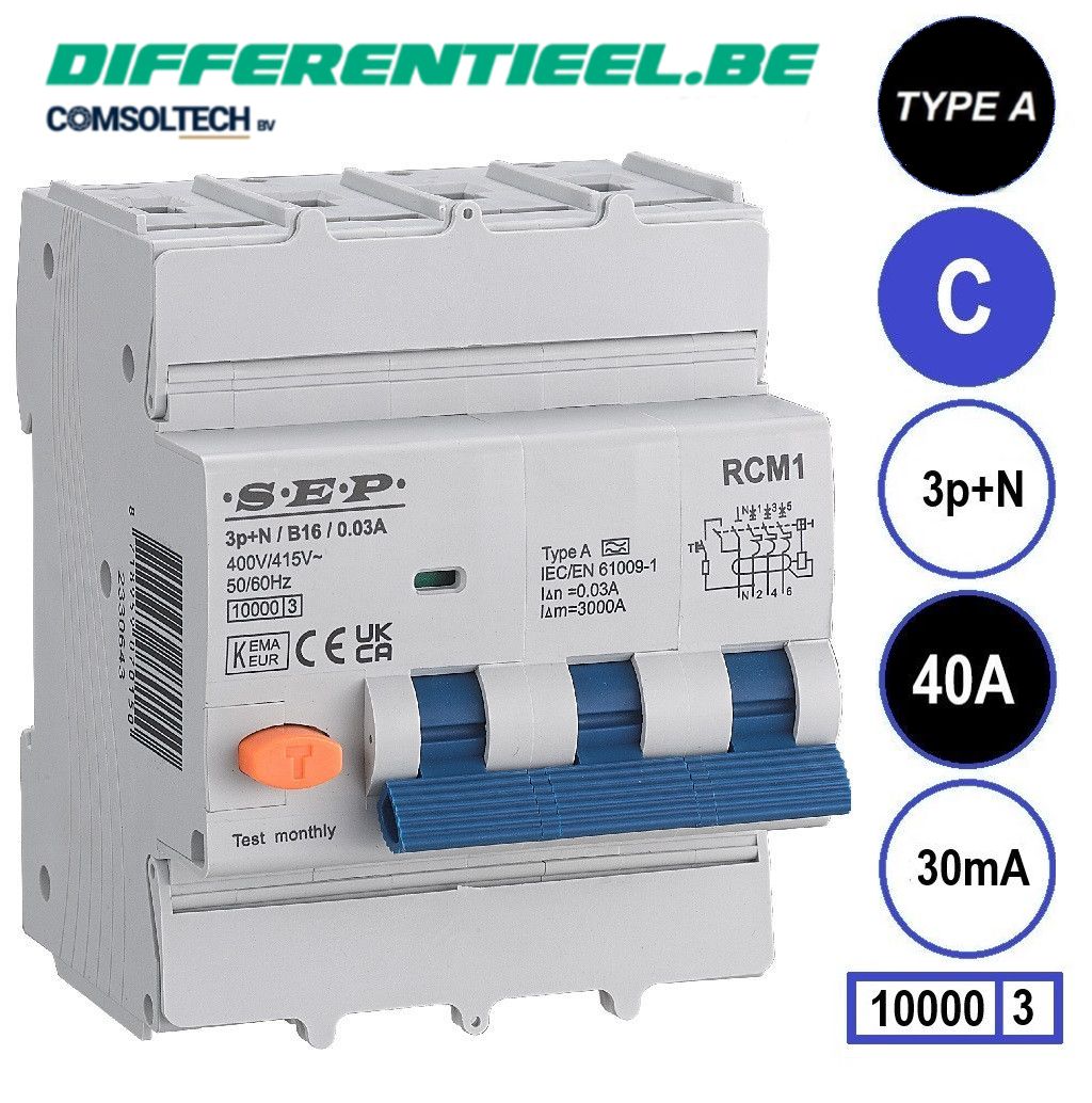 SEP RCM1 Differentieelautomaat 3p+n, C40, 30mA, 10kA, Type A