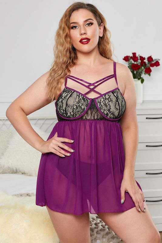 Babylon Purple Crisscross Lace Mesh Plus Size Babydoll 1X