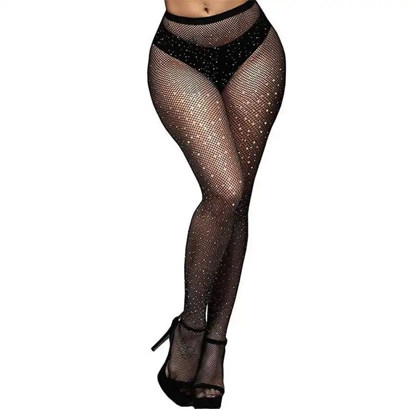 Rhinestone Fishnet Pantyhose-Black One Size