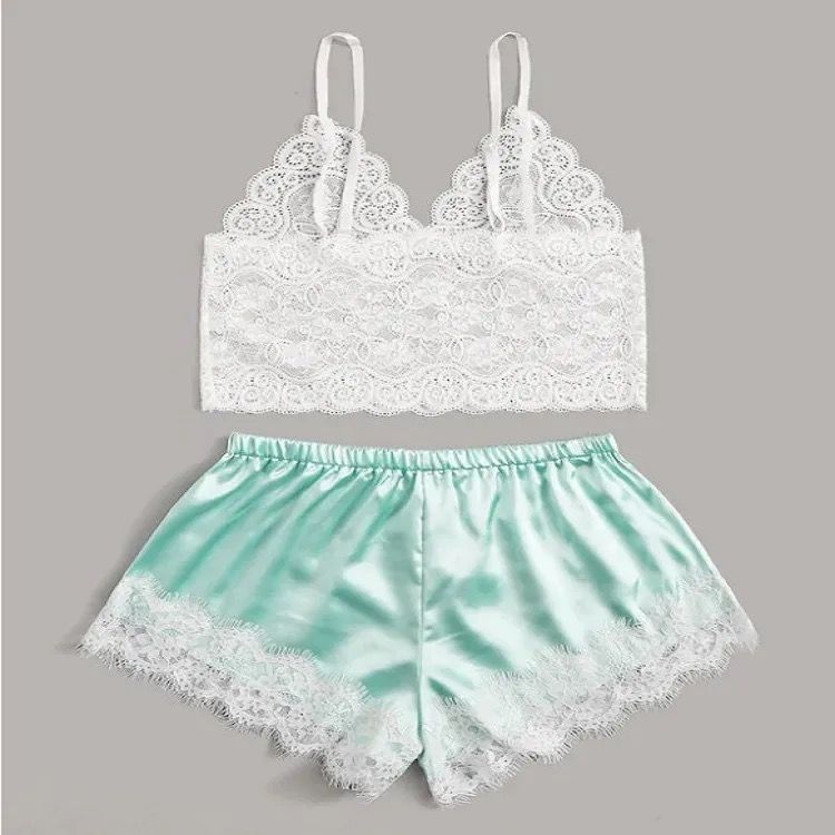 Lace Top Pajama Set Mint Green 2XL