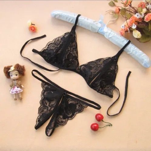 Lace Crotchless Panty Set-Black One Size