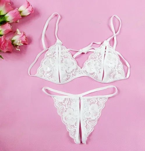Lace Crotchless Panty Set-White One Size