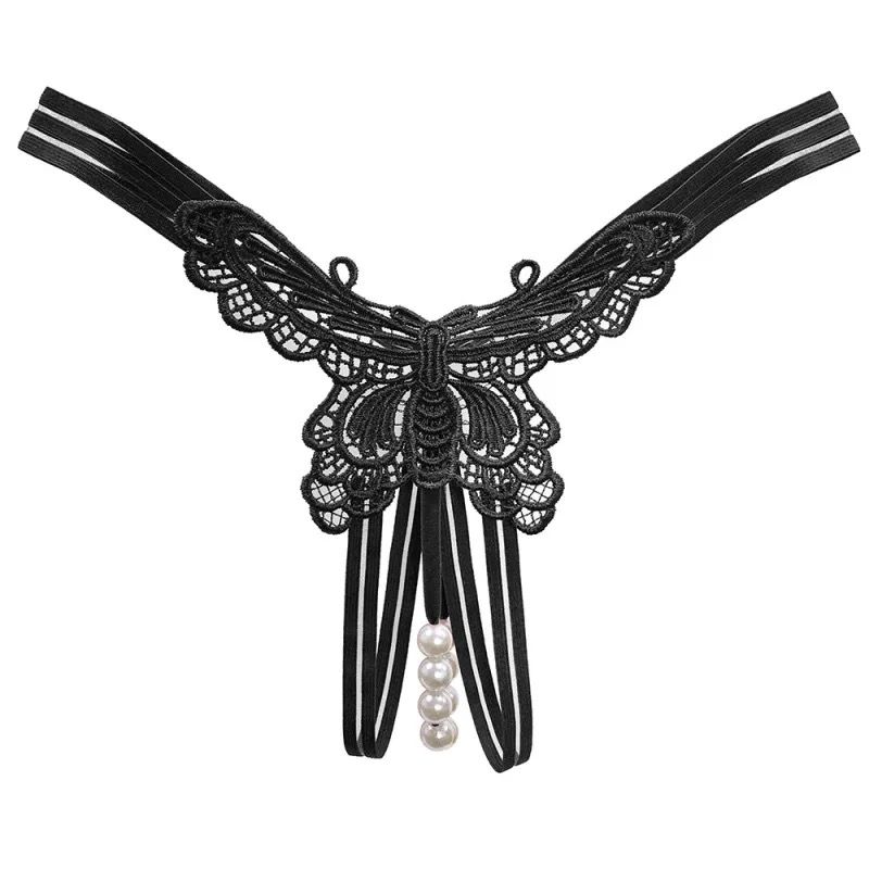 Pearl Butterfly Crotchless Underwear-Black One Size