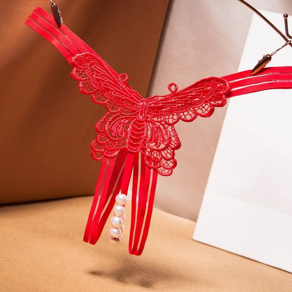 Pearl Butterfly Crotchless Underwear-Red One Size