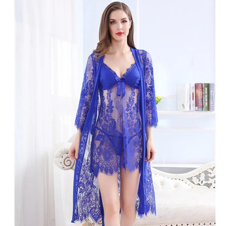 Solid Color Lace 3 Piece Set-Blue-One Size