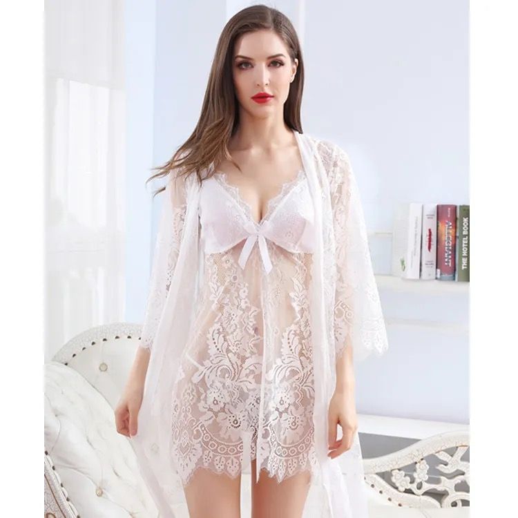Solid Color Lace 3 Piece Set-White-One Size