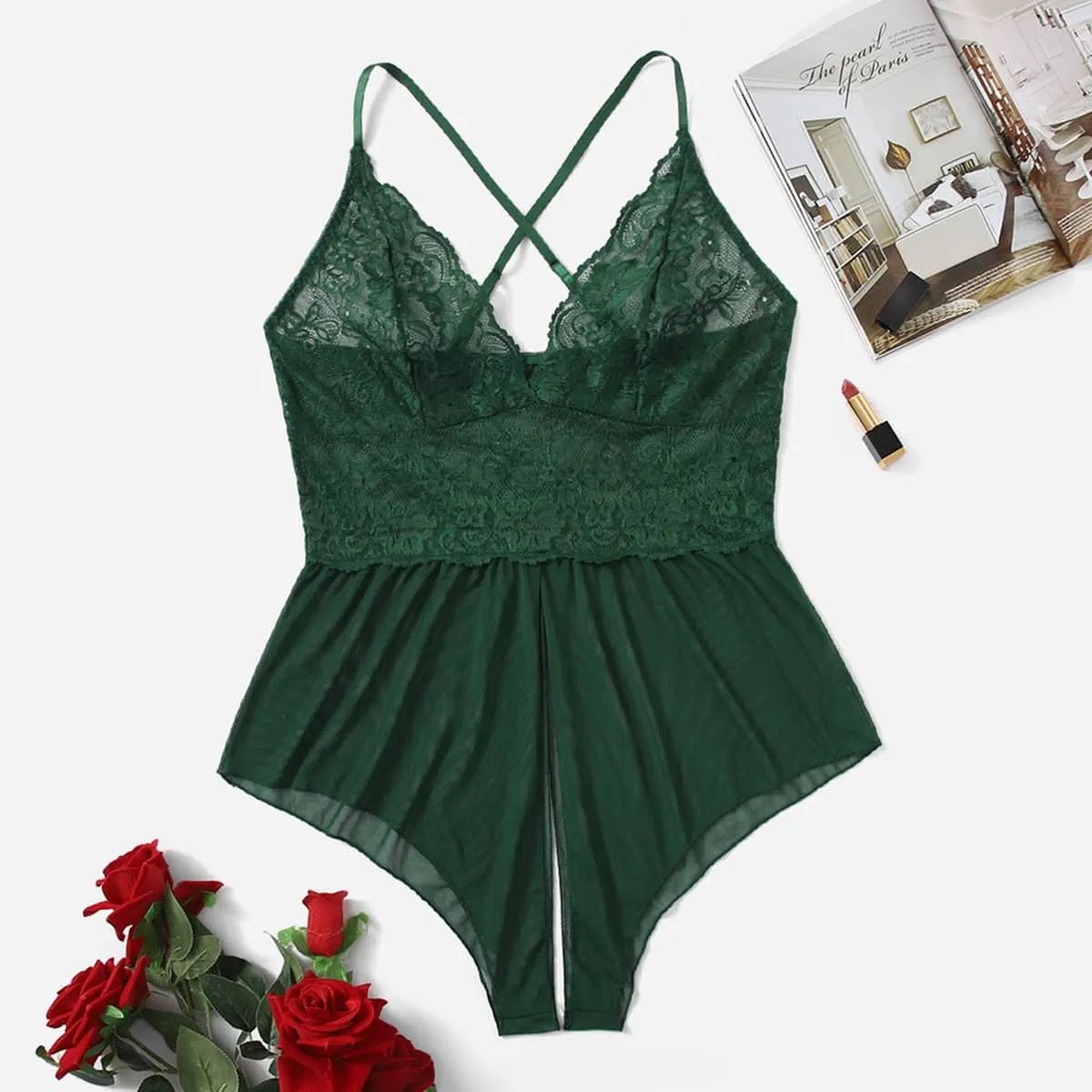 Mesh See Through Crotchless Teddy-Dark Green-3XL