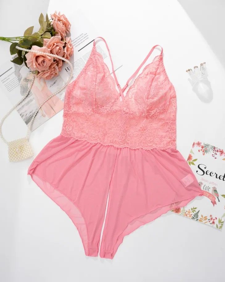 Mesh See Through Crotchless Teddy-Pink-2XL