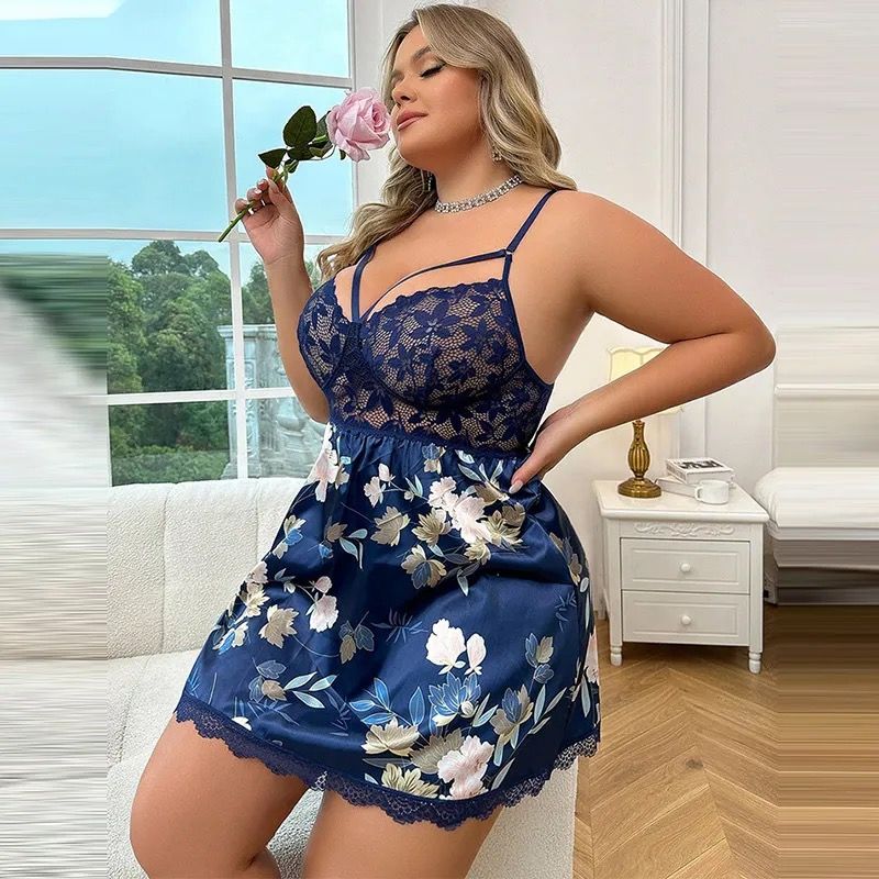 Floral Print Lace Top Babydoll-Navy Blue-2XL