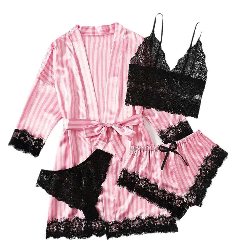 Lingerie 4 Piece Set-Pink Stripe-Small