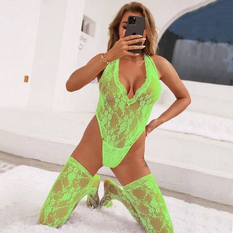 Lace Deep V Halter Top With Matching Sotckings-Neon Green-Small