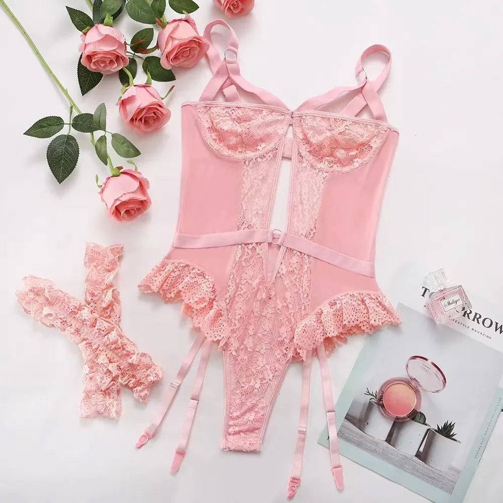 Lace Ruffle With Garter-Pink-Large