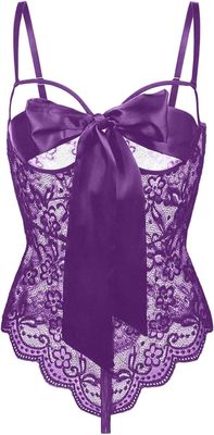 Bow Top Crotchless Lace Teddy-Purple/Burgundy (Color is slightly different than the picture)-Small