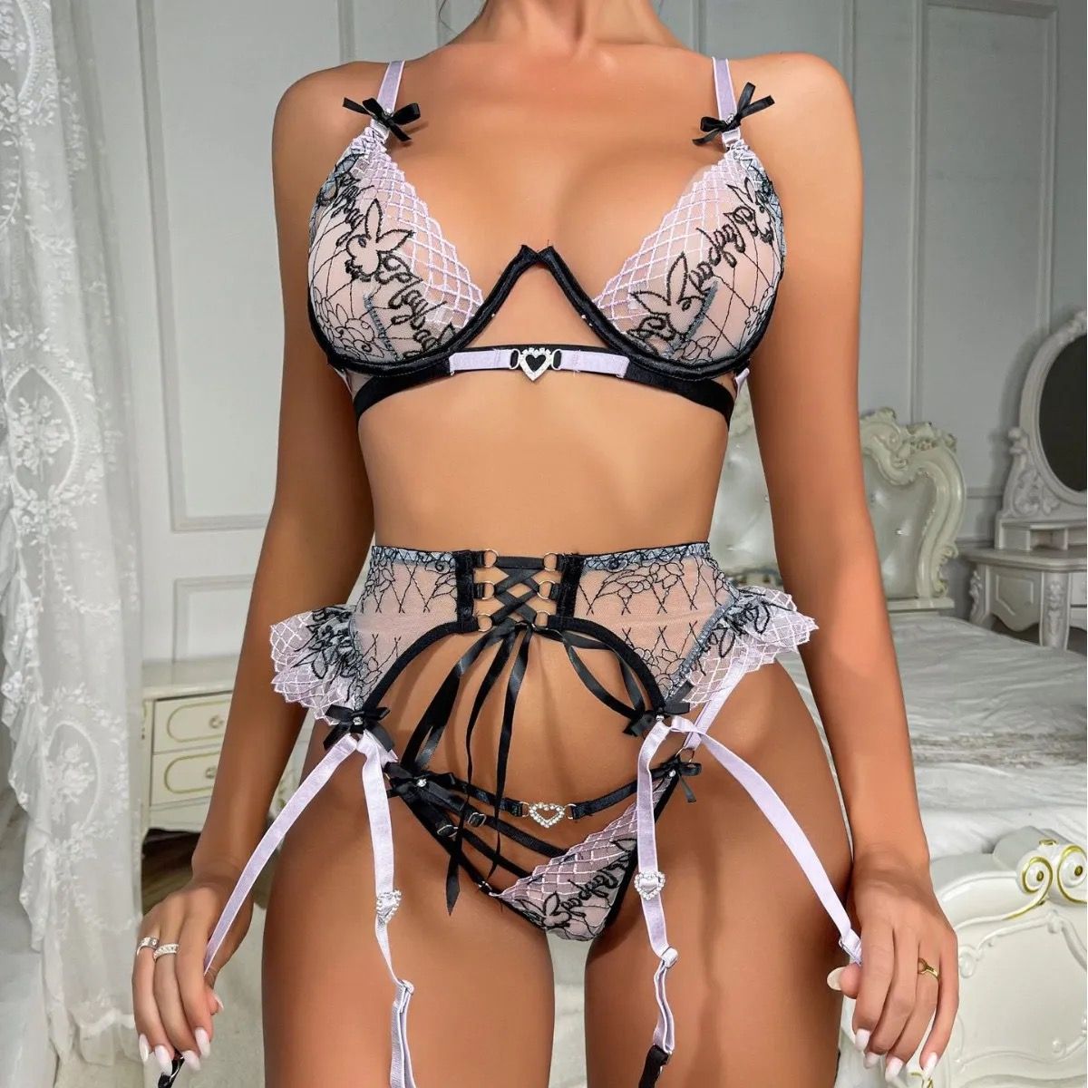 Bunny Embroidered 3 Piece Set Light Purple-Medium