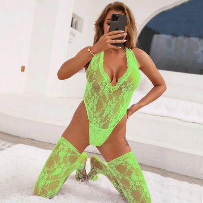 Lace Deep V Halter Top With Matching Sotckings-Neon Green-Medium