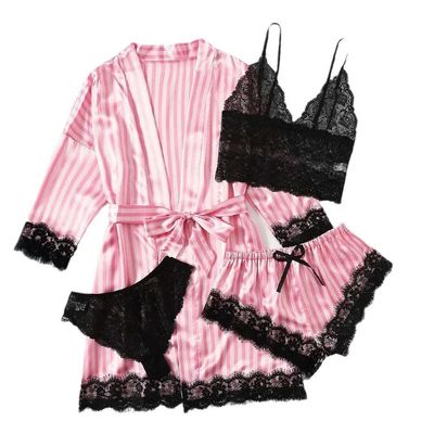 Lingerie 4 Piece Set-Pink Stripe-Large — Plush Pick