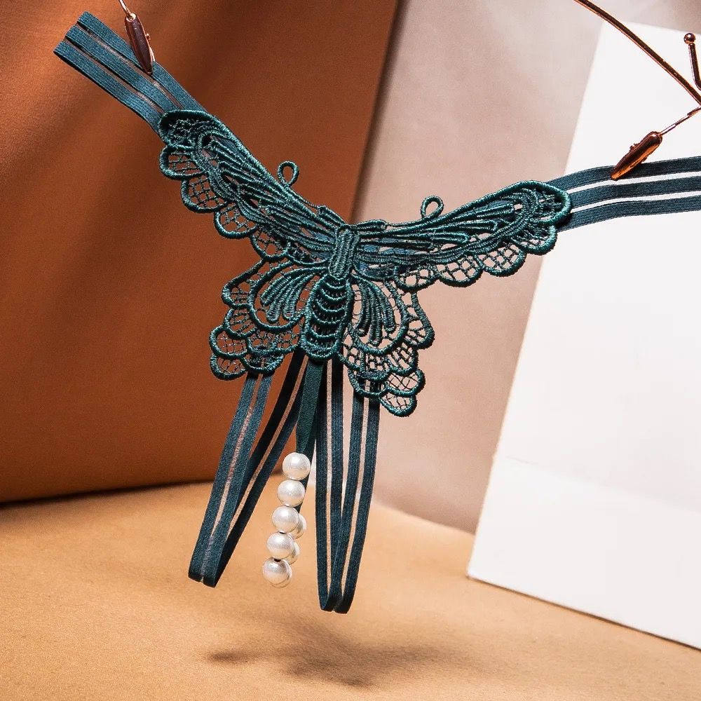 Pearl Butterfly Crotchless Underwear-Dark Green One Size — Crystal Classic