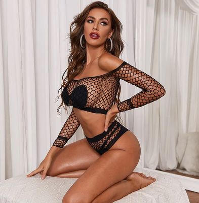 Mesh Long Sleeve Fishnet Set-Black One Size — Luxe Edition