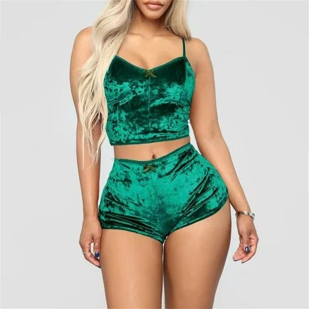 Velvet Pajama Set-Green-Medium — Satin Select