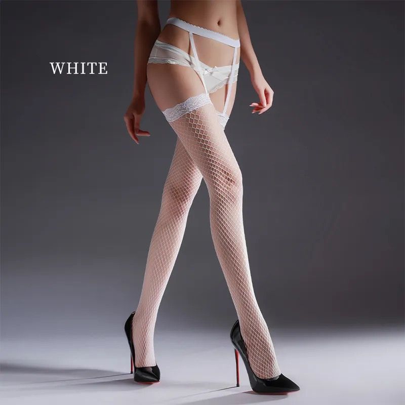 Waist Band Lace Gater Fishnet Stockings-White One Size