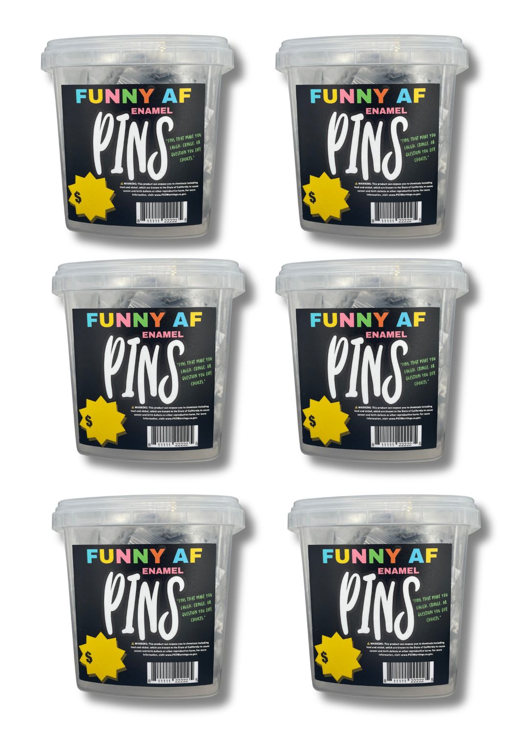 Funny AF Enamel Pin Case Pack (6 x 100ct Buckets) – Wholesale Only