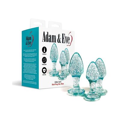 Adam &amp; Eve Glitter Gem Butt Plug Set Blue