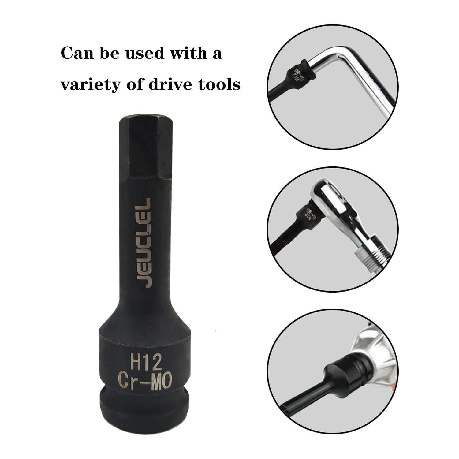 Tool Impact Grade Bit Socket Jeuclel 12 mm Male for 1/2&quot; Drive Cro-moly Black