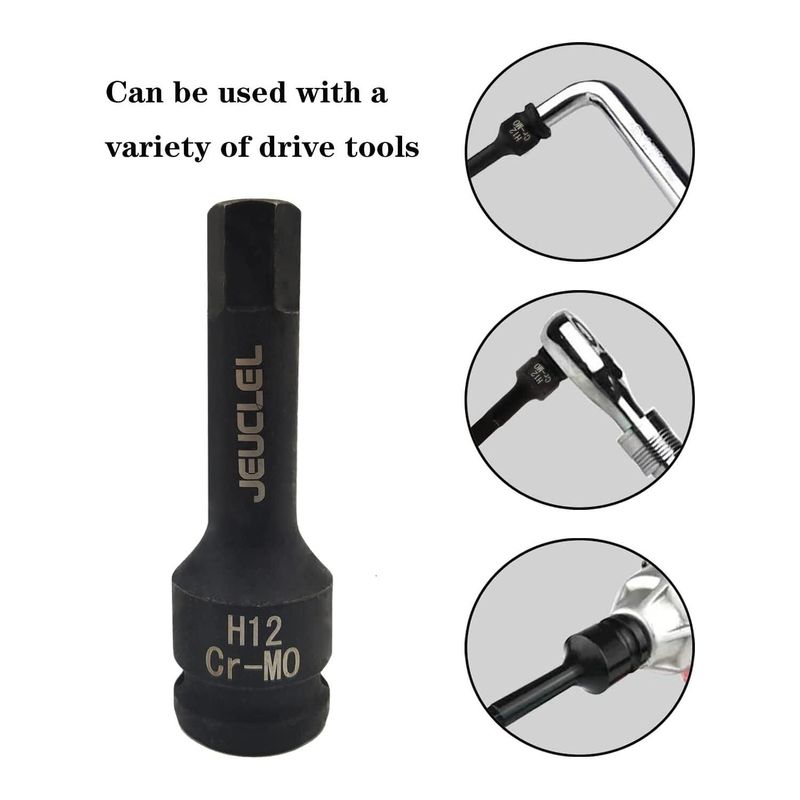 Tool Impact Grade Bit Socket Jeuclel 12 mm Male for 1/2&quot; Drive Cro-moly Black