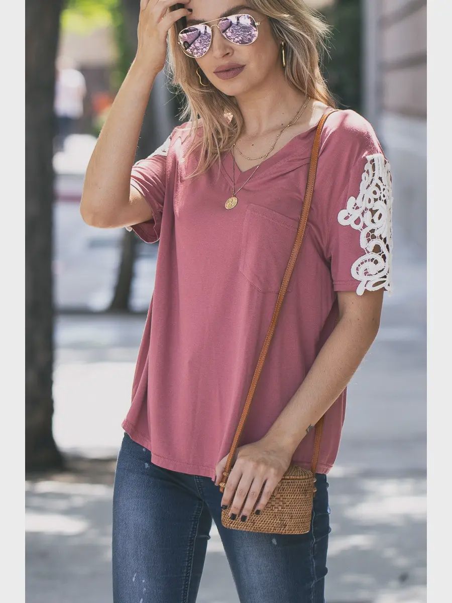 Lace Sleeve Detailed V Neck Pocket Top (Mauve)