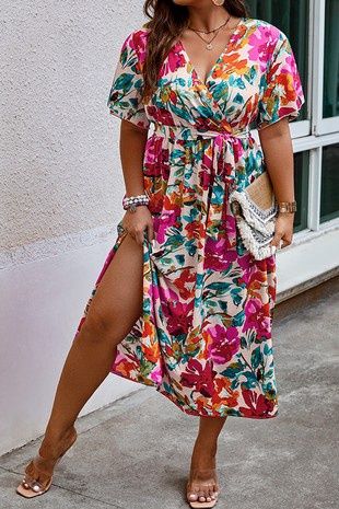 Plus Size Floral Print Cross Belt Fit Dress