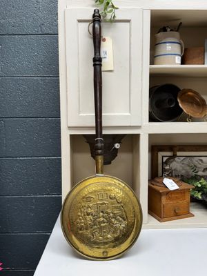 hammered brass bed warmer pan with wood handle
