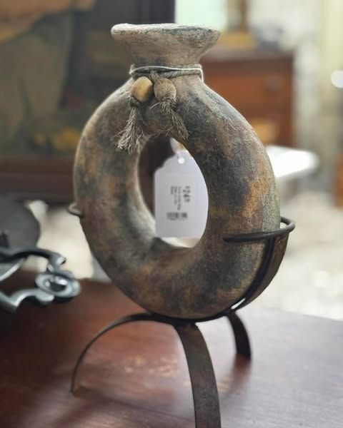 Terra Cotta Ring Vase on Iron Stand