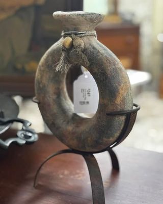 Terra Cotta Ring Vase on Iron Stand