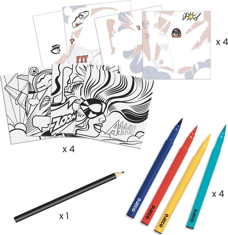 ## Djeco Superheroes Inspired by Lichtenstein Coloring and Rub-On Transfer Kit