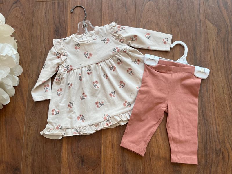 FLOWER TOP/PINNK LEGGINGS SET , Color: BEIGE, Size: 3M