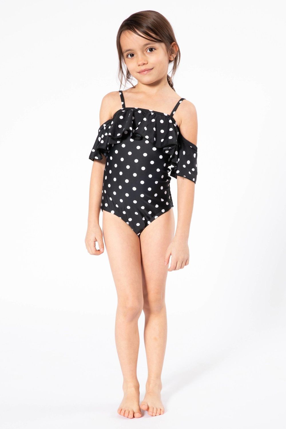Off Shoulder &amp; Ruffled 1 Pc Upf50+ Black/Wht Dot