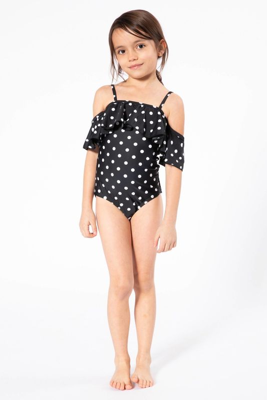 Off Shoulder &amp; Ruffled 1 Pc Upf50+ Black/Wht Dot